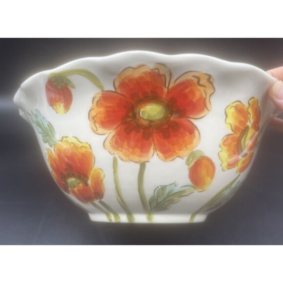 Maxcera WATER POPPY Orange Yellow Green Flower Large Scalloped Serving Bowl 12” - Picture 5 of 8